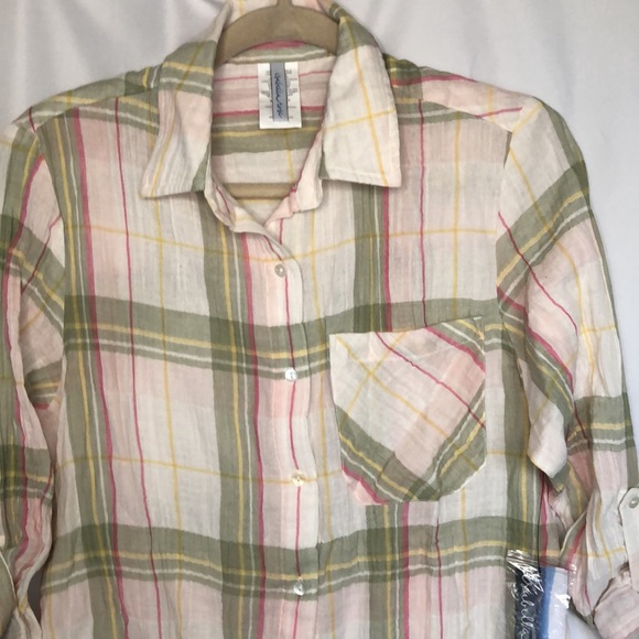 ISABELLA ROSE pink and green striped cotton long button down top. Size Small. - Picture 2 of 13